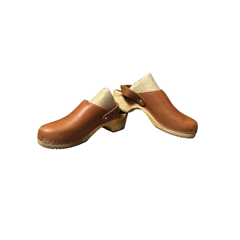 Made in Sweden Tan Leather Wooden Slingback Clogs Size 37 US 7 Bohemian